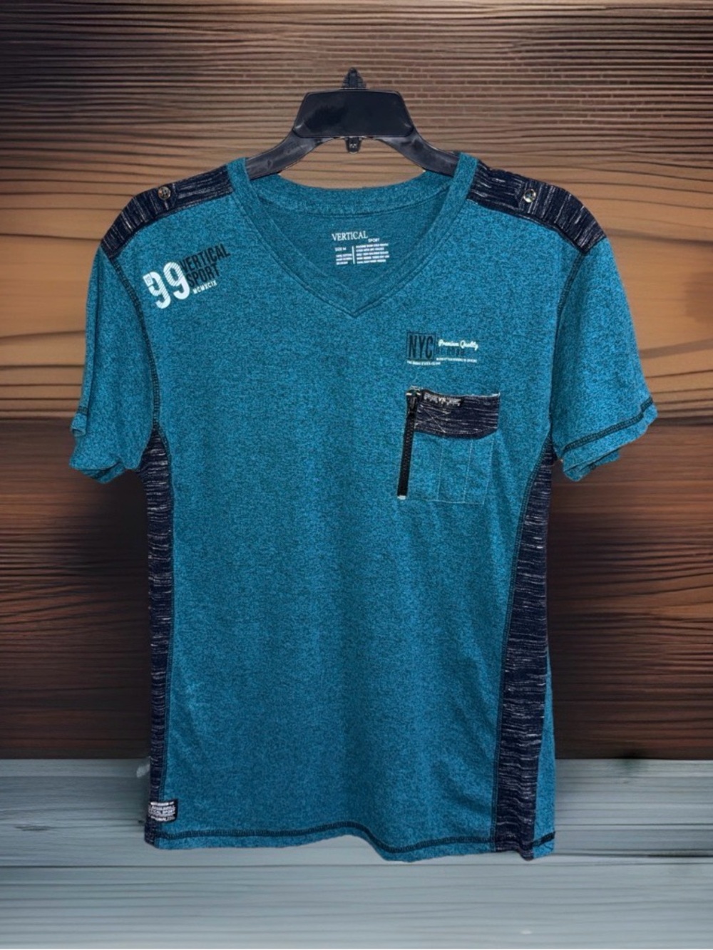 NwoT Vertical Sport Men's Teal V-Neck Pocket Tee w/Contrast Panels & Epaulettes